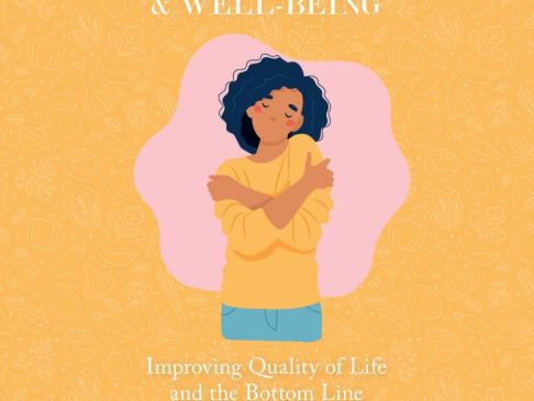 illustration of a woman hugging herself on a pink and yellow background