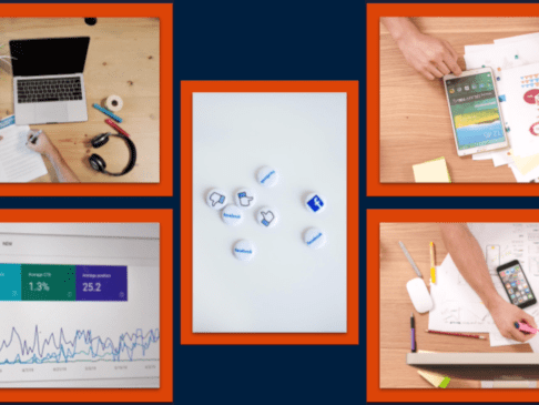 five pictures of various office desktops and analytics dashboards